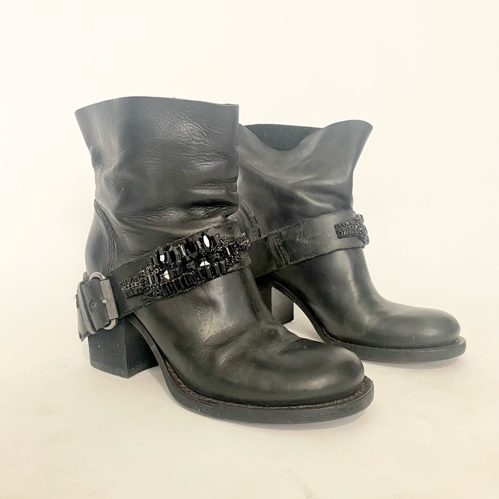 Vera Wang Lavender black leather rhinestone combat boots